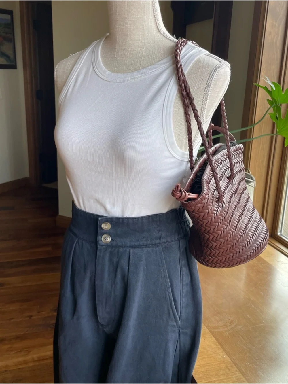 Zara Braided Woven Buffalo Leather Bucket Shoulder Bag - Brown - Picture 4 of 16